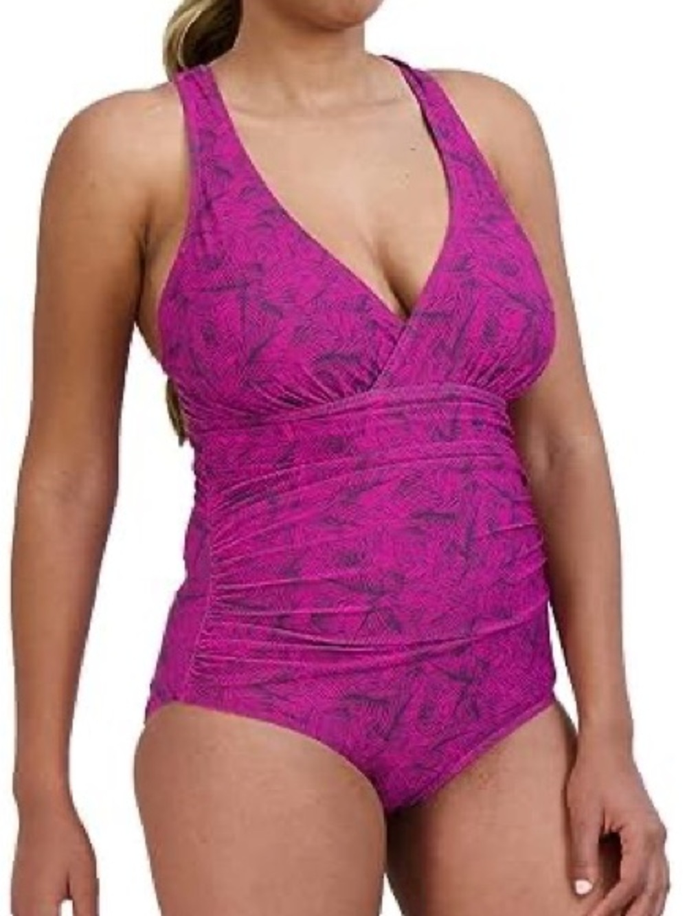 Eddie Bauer Fuchsia Ruched V-Neck One-Piece Swimsuit